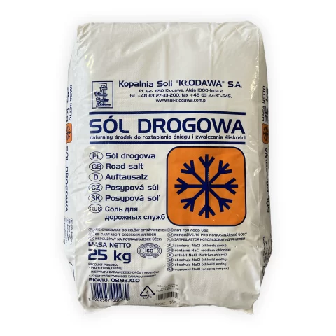 Techninė druska keliams, 25 kg baltas maišas su snaigės ženklu