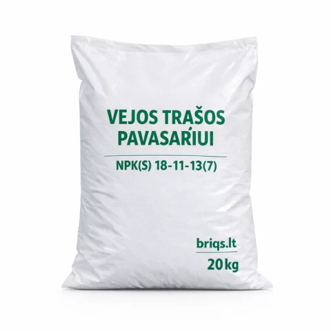 Pavasarinių trąšų vejai 20 kg maišas ant balto fono, užrašas „NPK(S) 18-11-13(7)“
