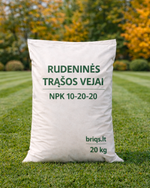 Vejos trąšos NPK 10-20-20 – 20 kg pakuotė. Subalansuota sudėtis šaknų stiprinimui ir atsparumui šalčiui.