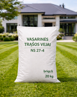Vasarinės vejos trąšos NS 27-4 – 20 kg pakuotė. Subalansuota sudėtis intensyviam vejos augimui ir spalvai palaikyti.