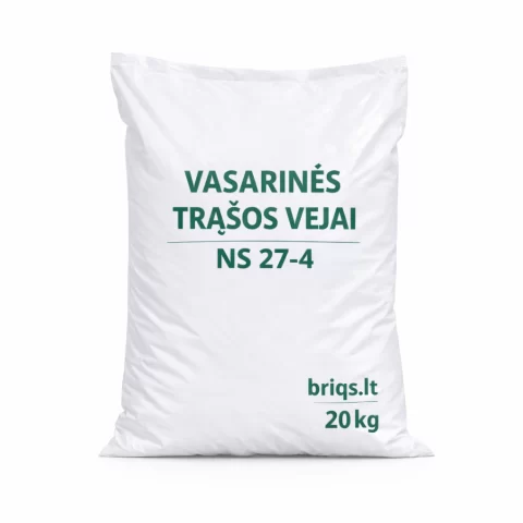Vasarinių trąšų vejai 20 kg maišas ant balto fono, užrašas „NS 27-4“